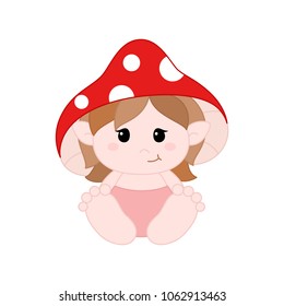 Cute little gnome in diapers with mushroom hat. Vector illustration for children design.