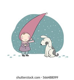 Cute little gnome and the dog.  Vector illustration for children design.  isolated objects on white background.
