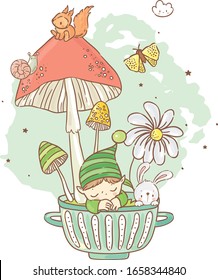 Cute little gnome and elf/ magic tea party