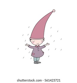 Cute little gnome. Elf and rain.  isolated objects on white background. Vector illustration. 