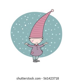 Cute little gnome. Elf and snow.  isolated objects on white background. Vector illustration. 