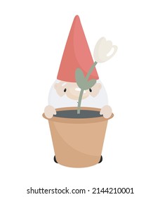 Pequeño Gnome lindo con una maceta de flores. Ilustración vectorial. Para los niños cosas, tarjetas, carteles, pancartas, libros para niños, impresión en el envase, impresión en ropa, tela, papel pintado, textil o vajilla.