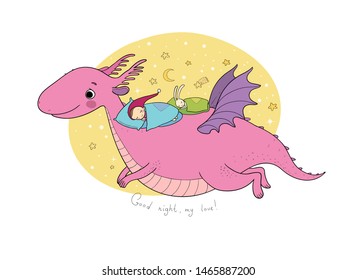 cute little gnome are flying a dragon. Cartoon elf, rabbit and dinosaur.