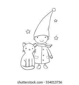 A cute little gnome, a kitten and stars.Hand drawn vector illustration on a white background. 
Funny elves.