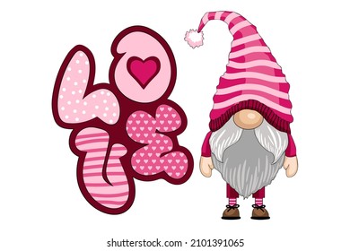 Cute little gnome with letters love. Vector illustration in cartoon style. Valentines day scandinavian card.