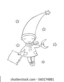 Cute little gnome. Moon and pillow. vector illustration on a white background. Funny elves.