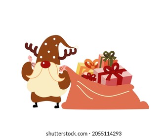 A cute little gnome in red costume dragging a sack gifts for children Christmas cartoon character flat vector illustration isolated on white background. Merry Christmas and Happy New Year.