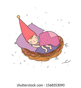 Cute little gnome is sleeping in the nest. Cartoon forest elf