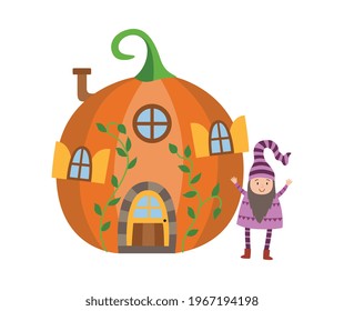 Cute Little Gnome Standing In Front Of Funny Fancy House In Shape Of Pumpkin, Flat Vector Illustration Isolated On White Background. Garden Dwarf Or Gnome And His House.