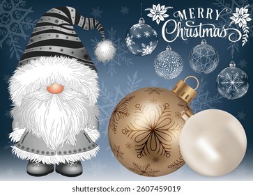 A cute little gnome standing next to tree ornaments.