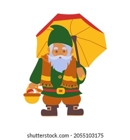 Cute little gnome with umbrella and basket with mushrooms. Vector isolated characters on a white background.