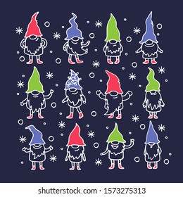 Cute little gnomes on dark background. Christmas and New Year characters. Vector illustration. Hand drawn style. Doodle style. Design elements for greeting card, poster, leaflet, booklet, banner.