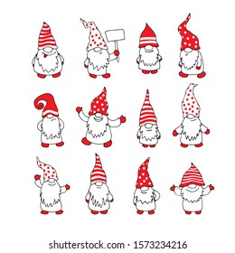 Cute little gnomes on white background. Christmas and New Year characters. Vector illustration. Hand drawn style. Doodle style. Design elements for greeting card, poster, leaflet, booklet, banner.