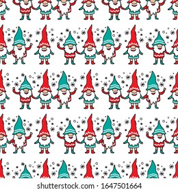 Cute little gnomes. Seamless pattern. Christmas and New Year characters. Vector illustration. Hand drawn style. Doodle style. Design elements for fabric, wallpaper, wrapping paper, banner.