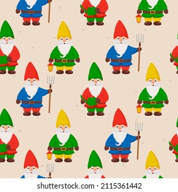 Cute little gnomes seamless pattern. Garden gnomes