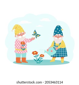 Cute little gnomes watering flowers. Vector characters in flat style.