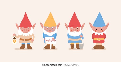 Cute little gnomes.Collection of garder gnomes. Set of fairy tale characters. Cartoon vector illustration. 