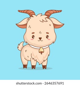 Cute Little Goat with bell. Adorable Farm Animal. Funny cartoon kawaii character. Vector illustration. Kids collection 