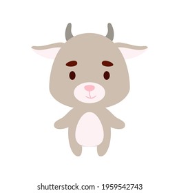 Cute little goat on white background. Cartoon animal character for kids cards, baby shower, birthday invitation, house interior. Bright colored childish vector illustration.