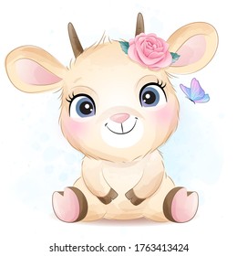 Cute little goat with watercolor illustration