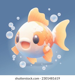 Cute little gold fish with a kind smiling face and big eyes. Vector pet illustration drawn in a cartoon 3d mesh style isolated on a gradient background