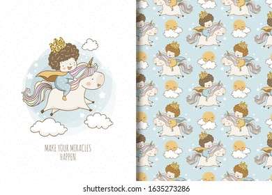 Cute little golden prince boy rides a unicorn in the sky among the clouds. Surface design and kids card. Seamless background pattern. Illustration for boys