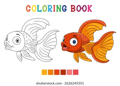 Cute little goldfish cartoon on white background in coloring book style