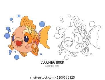 Cute little goldfish with a kind smiling face and big eyes. Vector pet illustration drawn in a simple graphic line art style. Coloring book page design with outline and colored versions