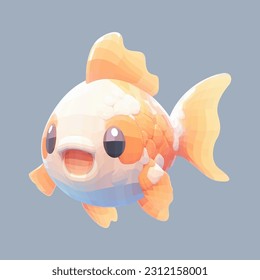 Cute little goldfish with a kind smiling face and big eyes. Vector pet illustration drawn in a cartoon 3d mesh style isolated on a gray background