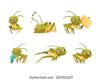 Cute Little Grasshopper Character Engaged in Various Activity Vector Set