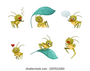 Cute Little Grasshopper Character Engaged in Various Activity Vector Set