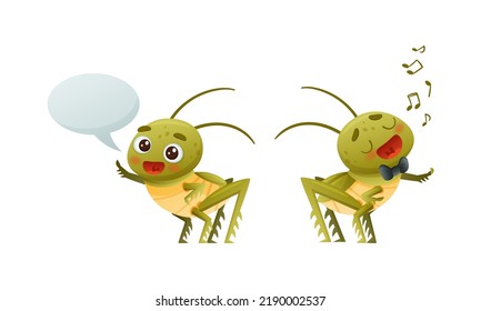 Cute Little Grasshopper Character Saying Greeting and Singing Vector Set