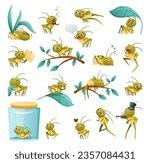 Cute Little Grasshopper Engaged in Various Activities Big Vector Set