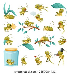 Cute Little Grasshopper Engaged in Various Activities Big Vector Set