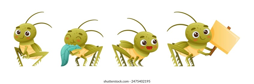 Cute Little Grasshopper Engaged in Various Activity Vector Set