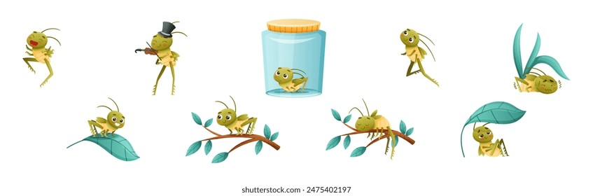 Cute Little Grasshopper Engaged in Various Activity Vector Set