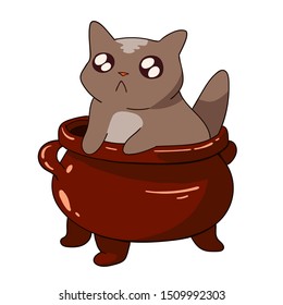 cute little gray halloween kitten cat in witch pot