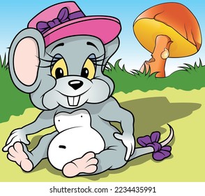 Cute Little Gray Mouse with Pink Hat Sitting on a Ground - Colored Cartoon Illustration with Background, Vector