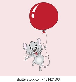 cute little gray mouse with a red air balloon on a light pink background, birthday card illustration, animal drawing