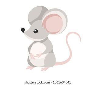 Cute little gray mouse sit on floor. Cartoon animal character design. Flat vector illustration isolated on white background.