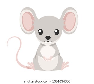 Cute little gray mouse sit on floor. Cartoon animal character design. Flat vector illustration isolated on white background.