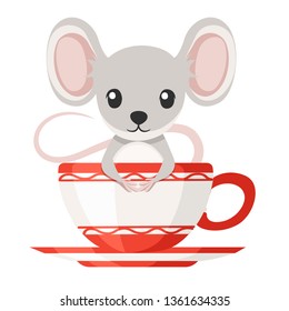 Cute little gray mouse is sitting in a mug. Cartoon animal character design. Flat vector illustration isolated on white background.
