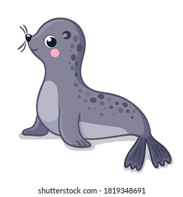 Cute little gray seal sits on a white background. Vector illustration with cute animals in cartoon style.