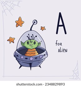 Cute little green alien illustration. The alien is in the spaceship.  Halloween alphabet letter "A".