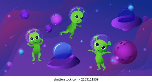 Cute little green aliens and flying saucers in space. Purple universe and space planets. Cartoon style illustration. 