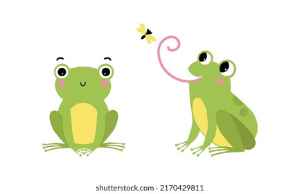 Cute little green baby frog sitting and catching fly with tongue cartoon vector illustration