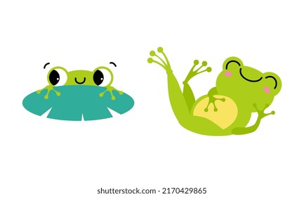 Cute little green baby frog swimming and lying set cartoon vector illustration