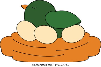 A cute little green chick with orange bill relaxing on a nest with three eggs while eyes closed over white background viewed from the side, vector, color drawing or illustration.