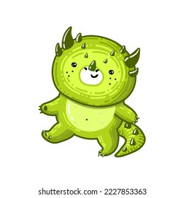 Cute little green dinosaur go for a walk. It is vector baby character
