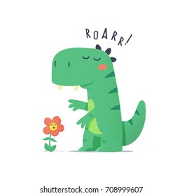 Cute little green dinosaur monster trying to scare flower vector cartoon illustration